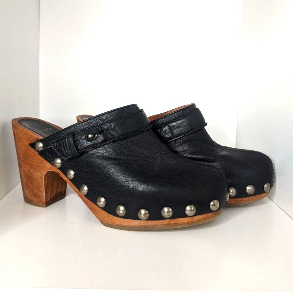 Topshop black leather wooden rustic studded platform clogs loafers